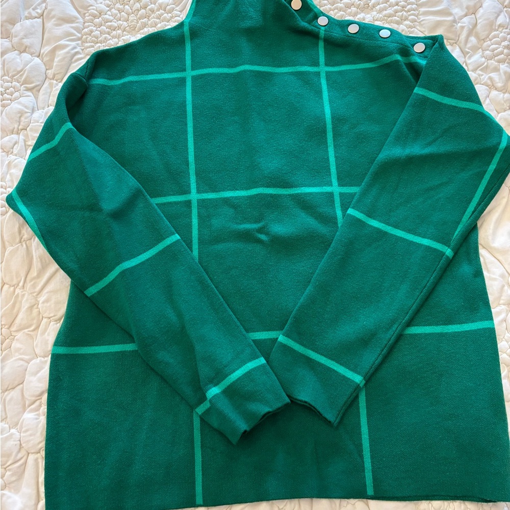 Tahari Teal Plaid Cowl Neck Sweater